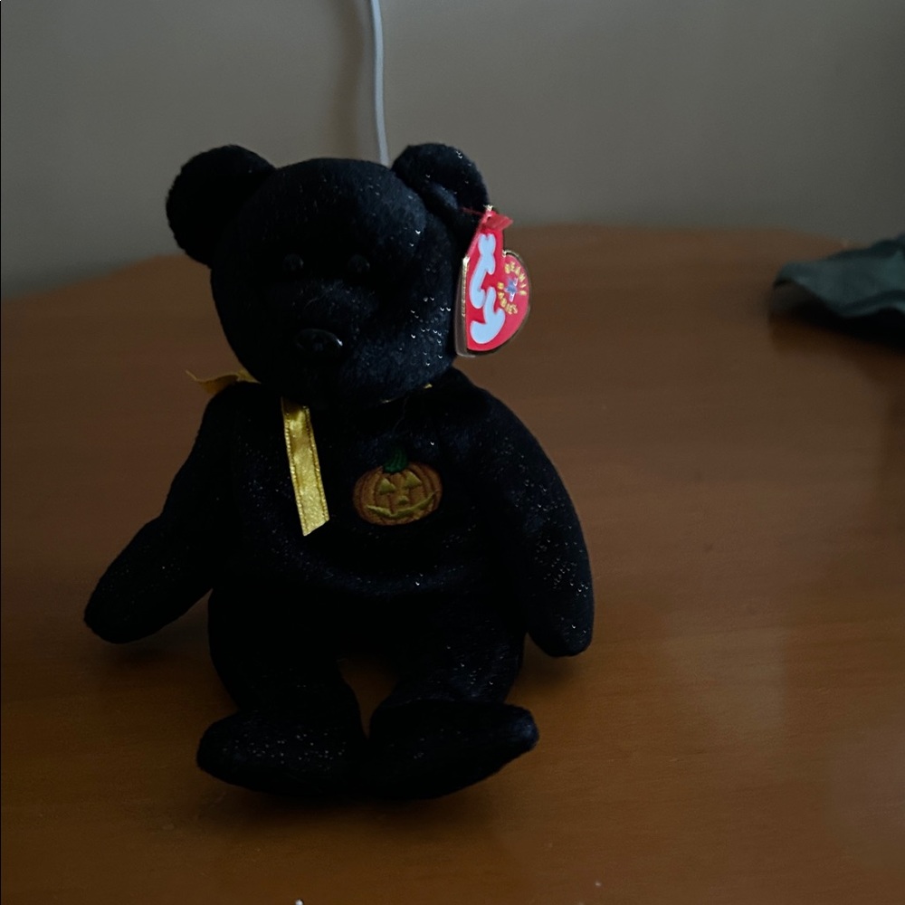 Black Beanie Baby Bear with Pumpkin Patch